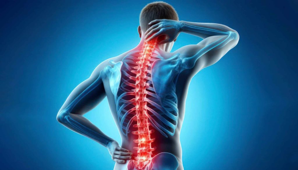 Anatomy of a human back with pain spine isolated on bright blue background. ai generative